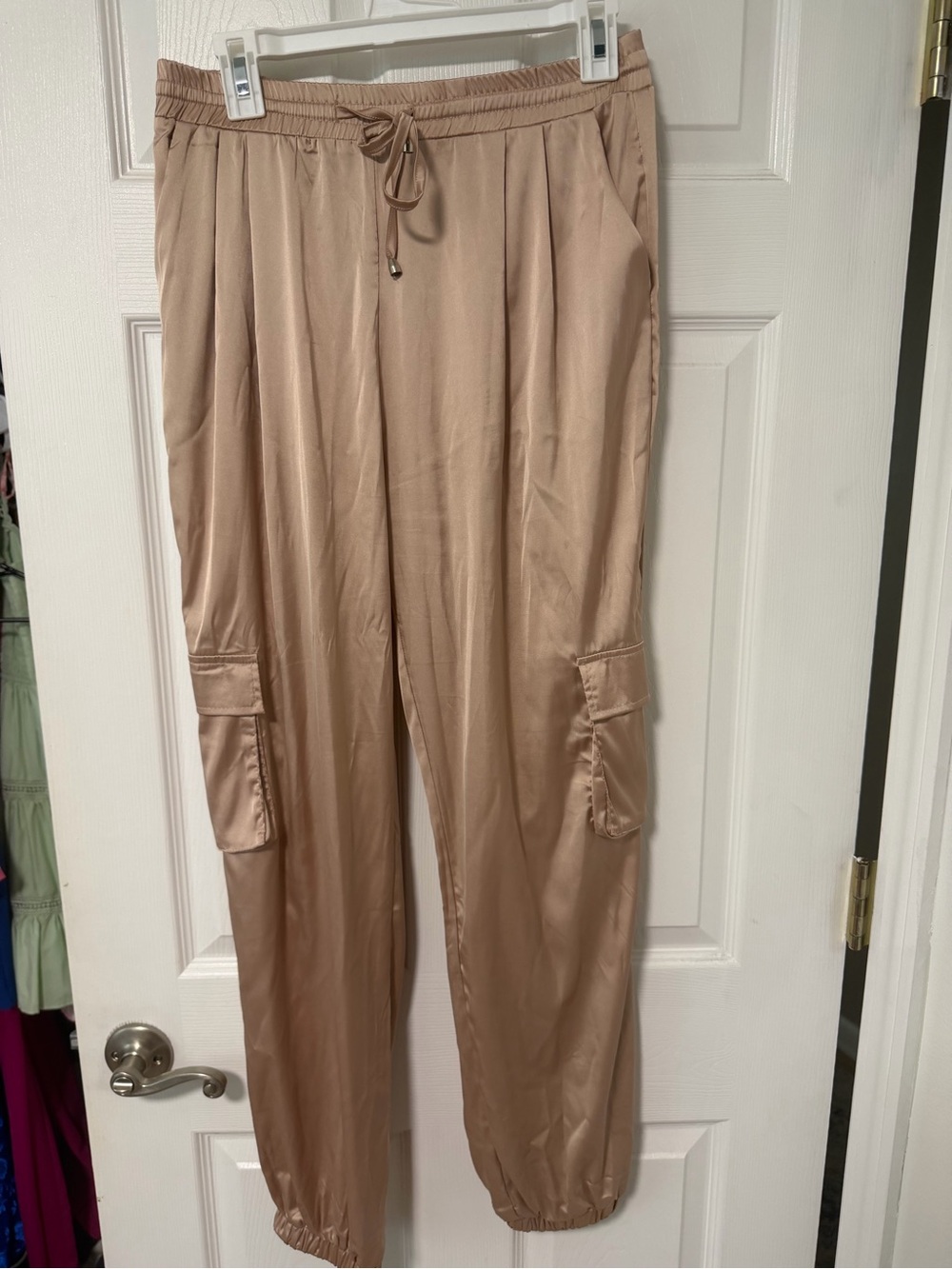 L Love Satin-Look Cargo Joggers in Taupe